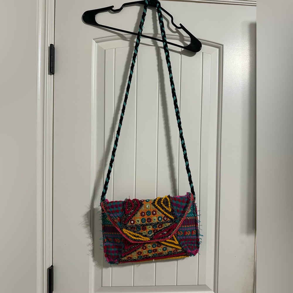 Big Buddha Bohemian Beaded Pink Multi Colored Woven Crossbody Bag Purse